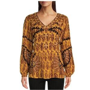 Talisman Sitara Long Bishop Sleeve Floral V-Neck Shirt Size XS Embroidered